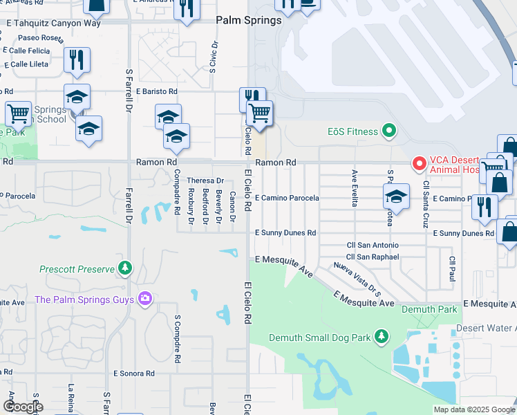 map of restaurants, bars, coffee shops, grocery stores, and more near 627 Desert View Drive in Palm Springs
