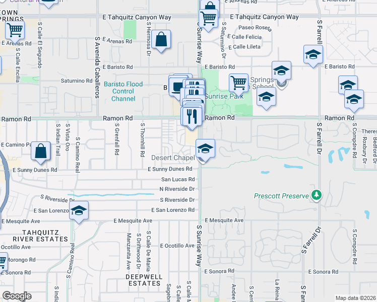 map of restaurants, bars, coffee shops, grocery stores, and more near 345 Logenita Street in Palm Springs