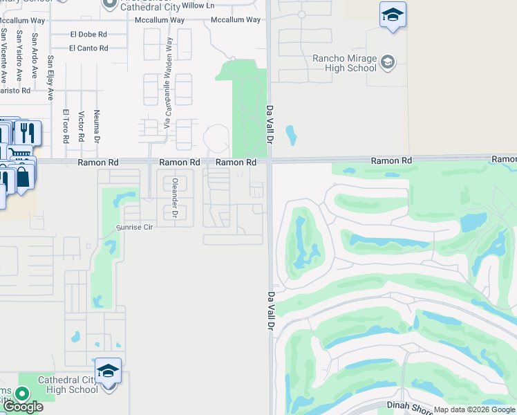map of restaurants, bars, coffee shops, grocery stores, and more near 69801 Ramon Road in Cathedral City