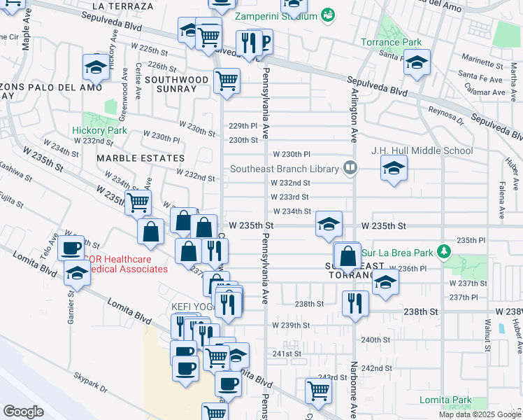 map of restaurants, bars, coffee shops, grocery stores, and more near 23351 Pennsylvania Avenue in Torrance