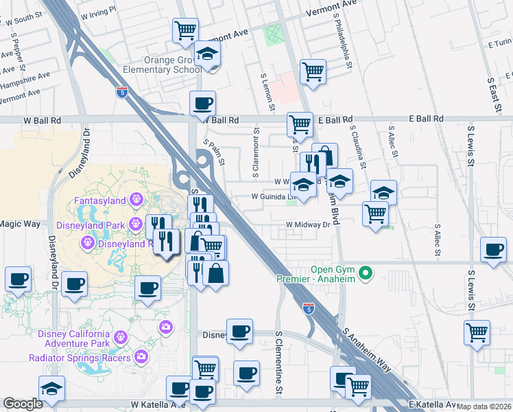 map of restaurants, bars, coffee shops, grocery stores, and more near 219 West Palais Road in Anaheim