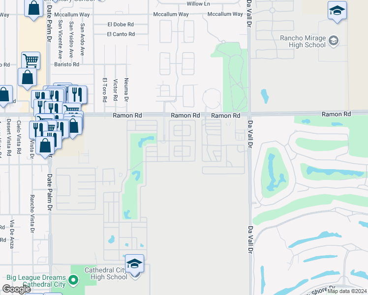 map of restaurants, bars, coffee shops, grocery stores, and more near 69411 Ramon Road in Cathedral City