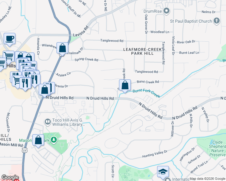 map of restaurants, bars, coffee shops, grocery stores, and more near 2239 Hill Park Court in Decatur