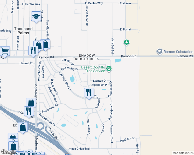 map of restaurants, bars, coffee shops, grocery stores, and more near 32389 Sonoma Circle in Thousand Palms