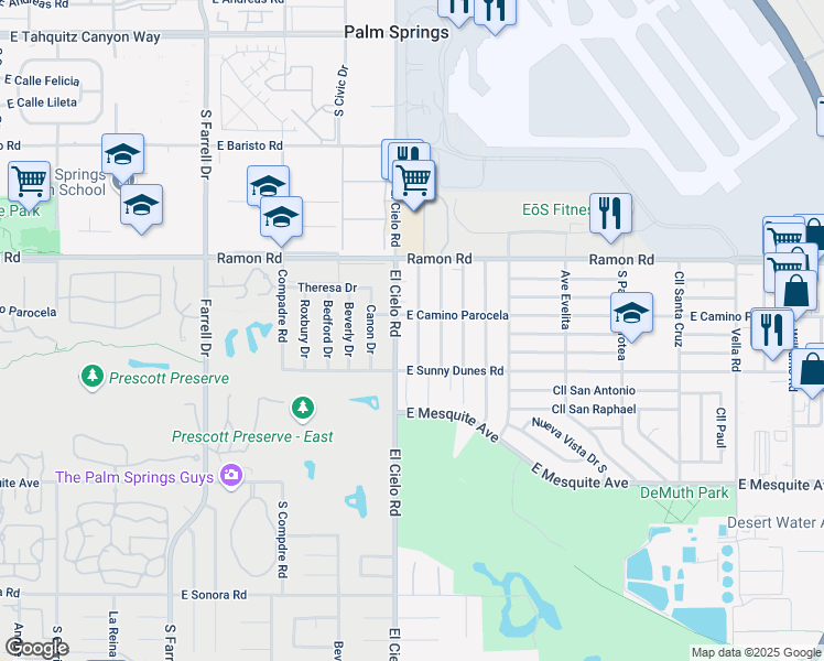 map of restaurants, bars, coffee shops, grocery stores, and more near 627 Desert View Drive in Palm Springs