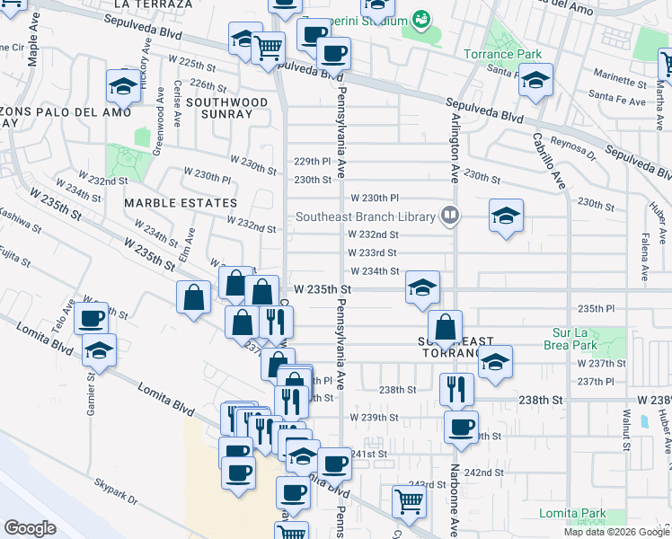 map of restaurants, bars, coffee shops, grocery stores, and more near 23351 Pennsylvania Avenue in Torrance