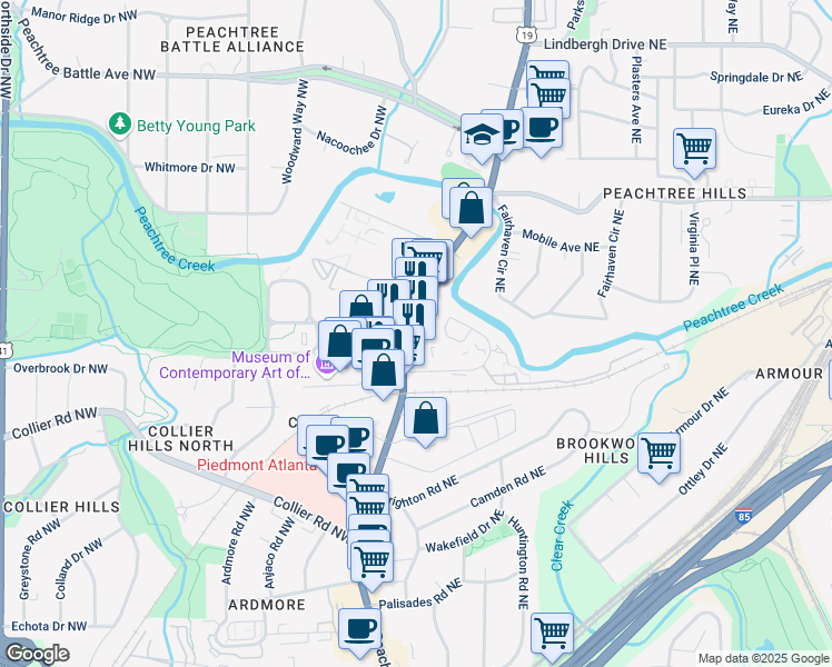map of restaurants, bars, coffee shops, grocery stores, and more near 2161 Peachtree Road Northeast in Atlanta