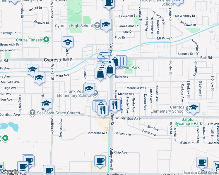 map of restaurants, bars, coffee shops, grocery stores, and more near 10205 Valley View Street in Cypress