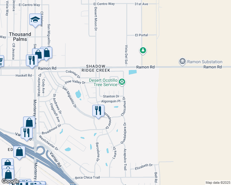 map of restaurants, bars, coffee shops, grocery stores, and more near 32388 Hopi Circle in Thousand Palms