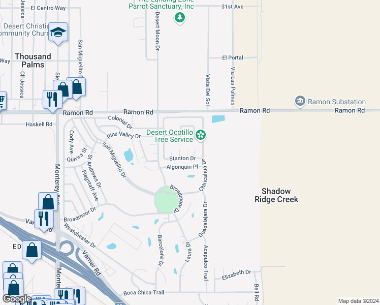 map of restaurants, bars, coffee shops, grocery stores, and more near 32388 Hopi Circle in Thousand Palms