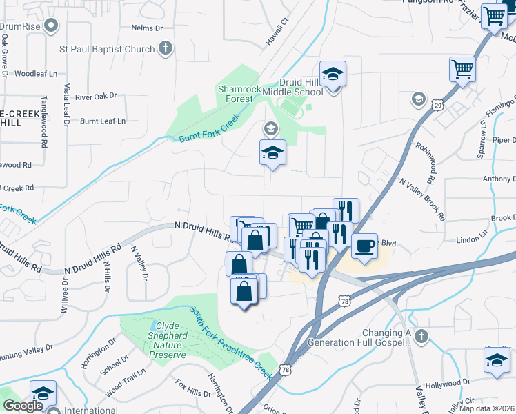 map of restaurants, bars, coffee shops, grocery stores, and more near 1162 Balsam Drive in Decatur