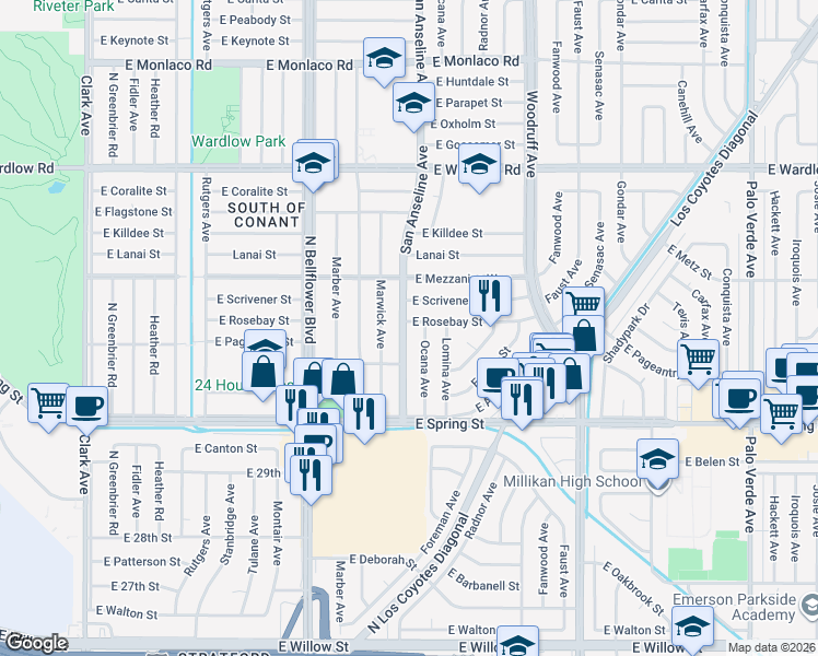map of restaurants, bars, coffee shops, grocery stores, and more near 3140 San Anseline Avenue in Long Beach