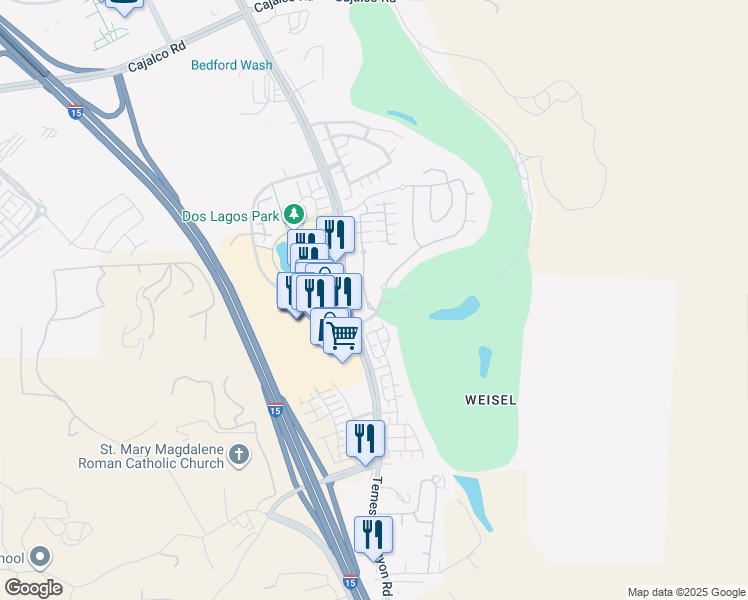 map of restaurants, bars, coffee shops, grocery stores, and more near 4457 Owens Street in Corona