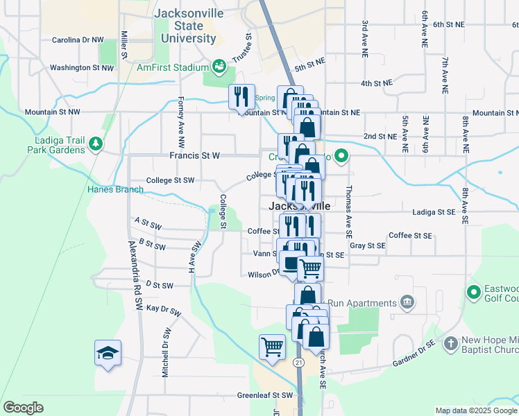 map of restaurants, bars, coffee shops, grocery stores, and more near Spring Avenue Southwest in Jacksonville
