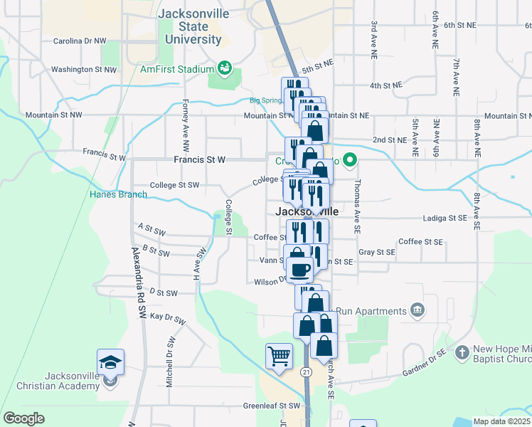 map of restaurants, bars, coffee shops, grocery stores, and more near Spring Avenue Southwest in Jacksonville