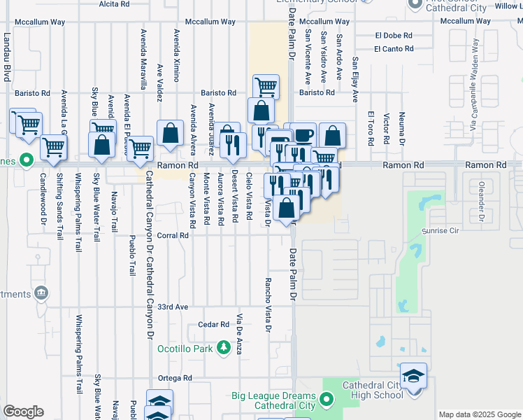 map of restaurants, bars, coffee shops, grocery stores, and more near 32425 Rancho Vista Drive in Cathedral City