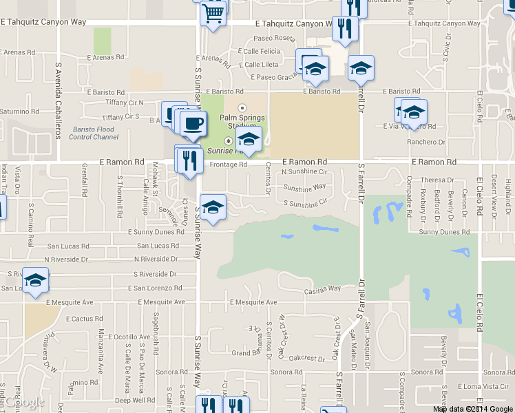 map of restaurants, bars, coffee shops, grocery stores, and more near 2001 East Camino Parocela in Palm Springs