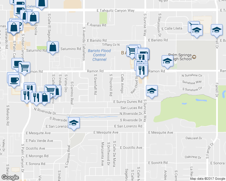 map of restaurants, bars, coffee shops, grocery stores, and more near 677 South Thornhill Road in Palm Springs