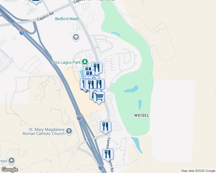 map of restaurants, bars, coffee shops, grocery stores, and more near 4468 Owens Street in Corona