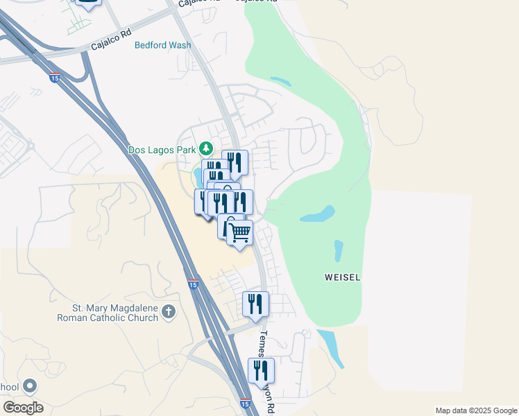 map of restaurants, bars, coffee shops, grocery stores, and more near 4468 Owens Street in Corona