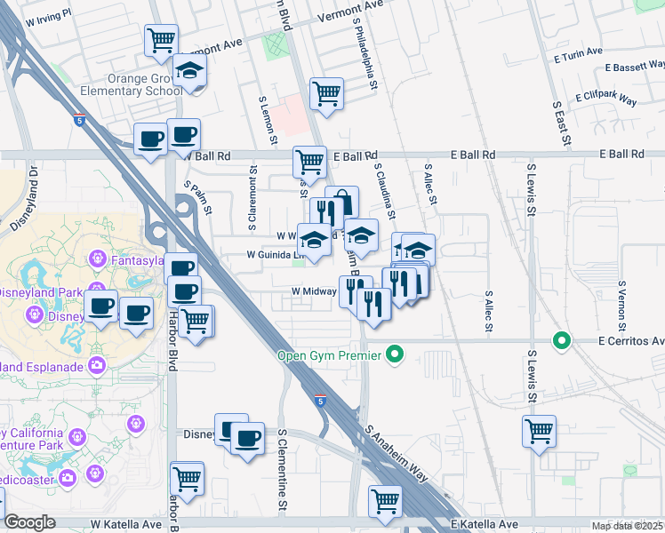 map of restaurants, bars, coffee shops, grocery stores, and more near 121 West Midway Drive in Anaheim