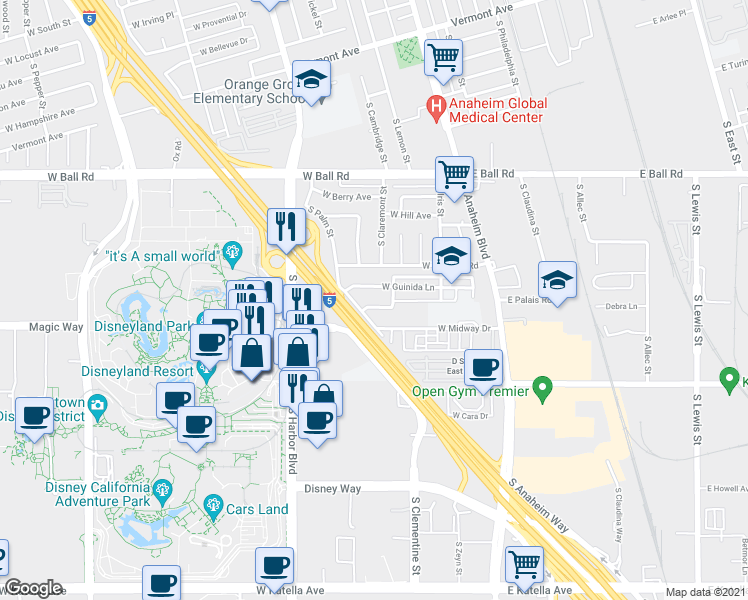 map of restaurants, bars, coffee shops, grocery stores, and more near 310 West Palais Road in Anaheim
