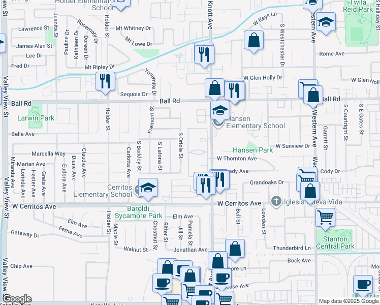 map of restaurants, bars, coffee shops, grocery stores, and more near 3539 West Greentree Circle in Anaheim