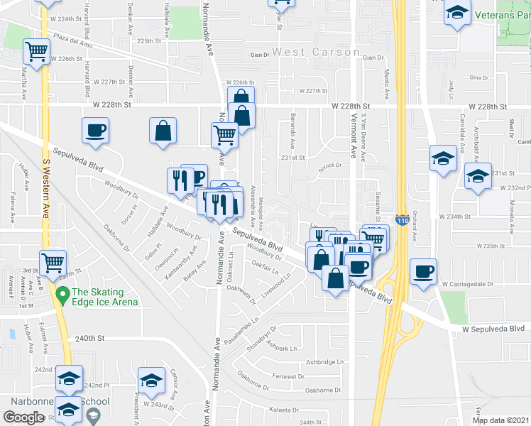 map of restaurants, bars, coffee shops, grocery stores, and more near 1161 Sepulveda Boulevard in Torrance