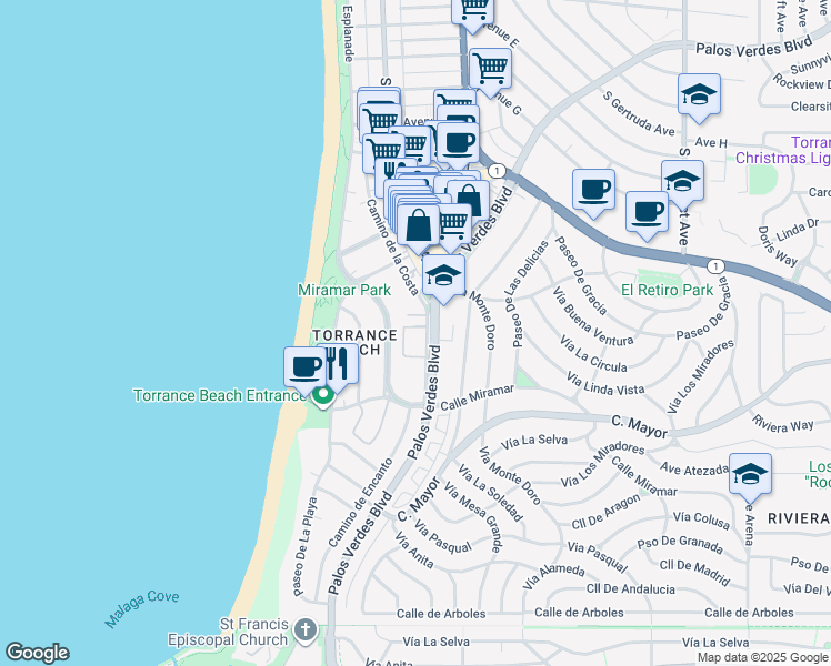 map of restaurants, bars, coffee shops, grocery stores, and more near 343 Camino de la Costa in Redondo Beach