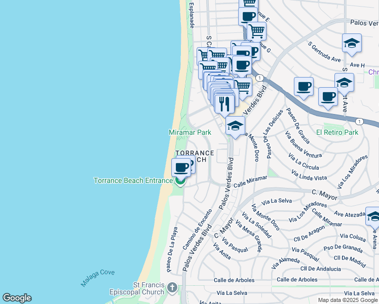 map of restaurants, bars, coffee shops, grocery stores, and more near 326 Paseo De La Playa in Redondo Beach