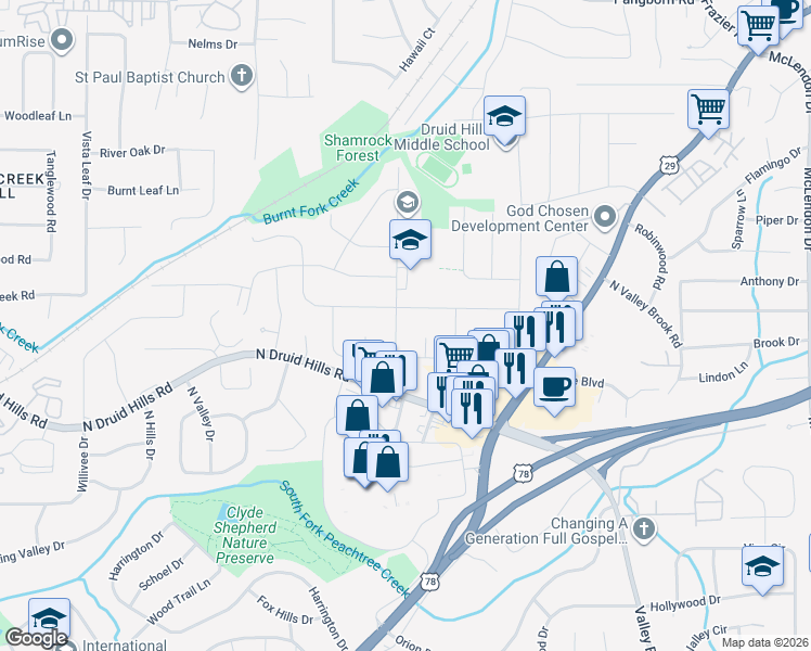 map of restaurants, bars, coffee shops, grocery stores, and more near 1177 Balsam Drive in Decatur