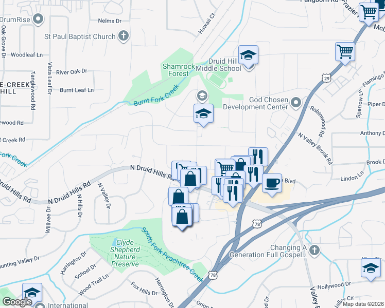 map of restaurants, bars, coffee shops, grocery stores, and more near 1162 Balsam Drive in Decatur