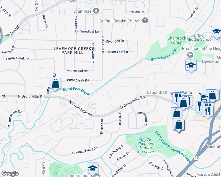 map of restaurants, bars, coffee shops, grocery stores, and more near 1165 Arbordale Drive in Decatur