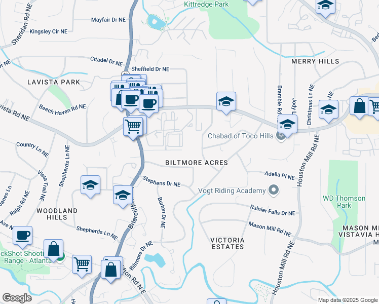 map of restaurants, bars, coffee shops, grocery stores, and more near 1461 Southland Vista Court Northeast in Atlanta