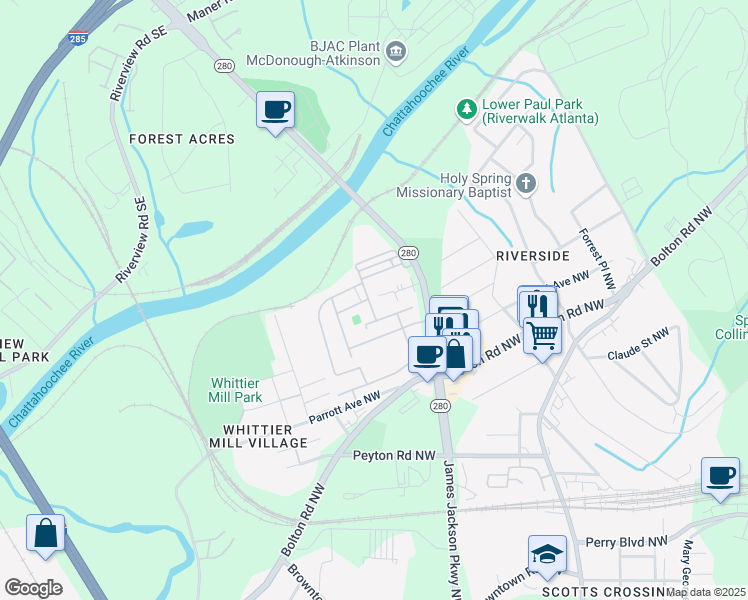 map of restaurants, bars, coffee shops, grocery stores, and more near 2076 Callaway Court in Atlanta
