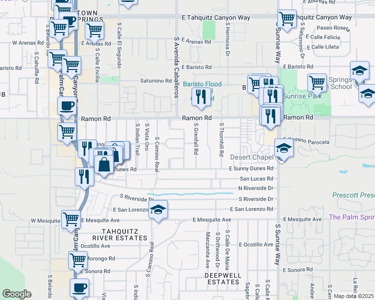 map of restaurants, bars, coffee shops, grocery stores, and more near 622 South Warm Sands Drive in Palm Springs