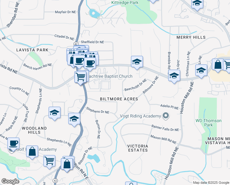 map of restaurants, bars, coffee shops, grocery stores, and more near 1454 Lively Ridge Road Northeast in Atlanta