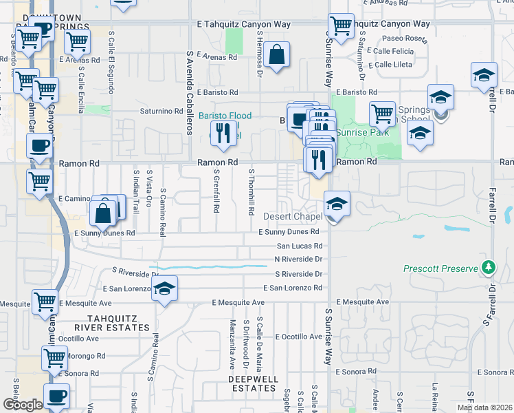 map of restaurants, bars, coffee shops, grocery stores, and more near 677 South Thornhill Road in Palm Springs