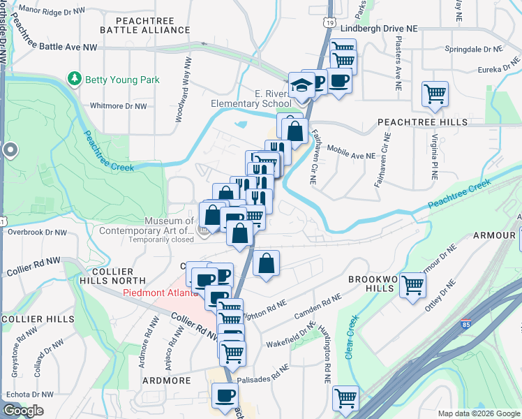 map of restaurants, bars, coffee shops, grocery stores, and more near 2161 Peachtree Road Northeast in Atlanta