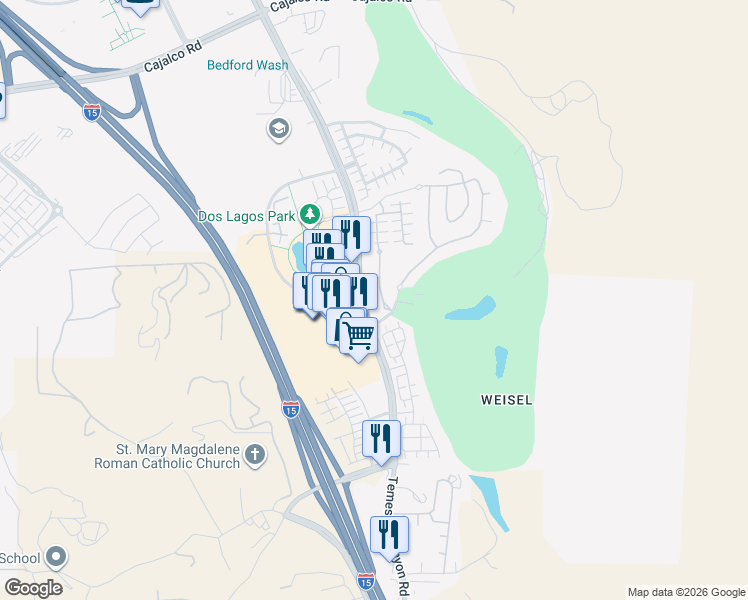 map of restaurants, bars, coffee shops, grocery stores, and more near 4460 Owens Street in Corona