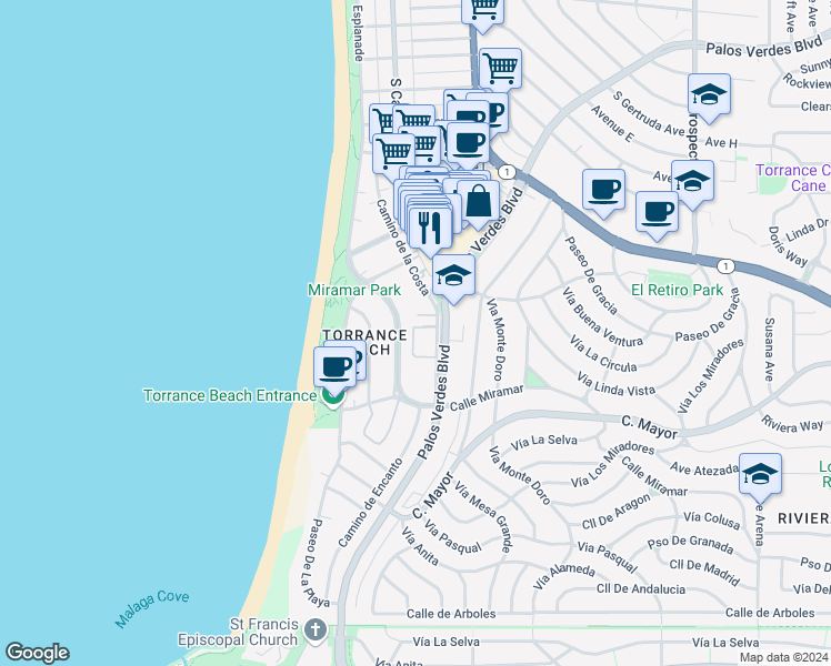 map of restaurants, bars, coffee shops, grocery stores, and more near 333 Palos Verdes Boulevard in Redondo Beach