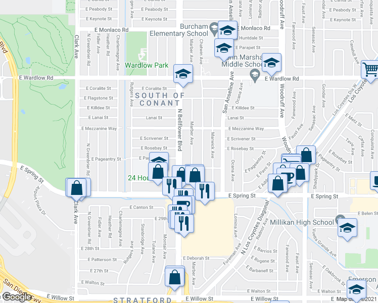 map of restaurants, bars, coffee shops, grocery stores, and more near 3141 Marber Avenue in Long Beach