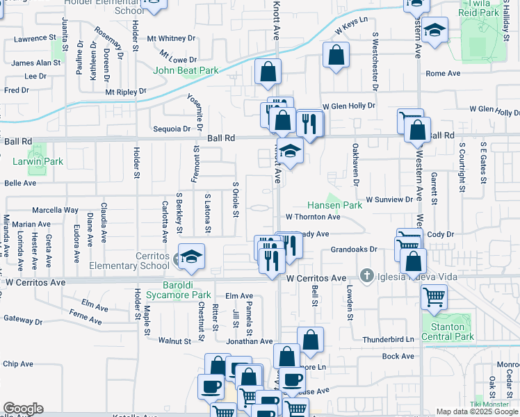 map of restaurants, bars, coffee shops, grocery stores, and more near 3505 West Greentree Circle in Anaheim