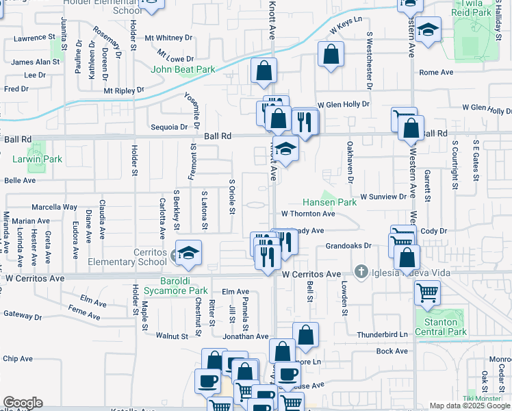 map of restaurants, bars, coffee shops, grocery stores, and more near 3509 West Greentree Circle in Anaheim