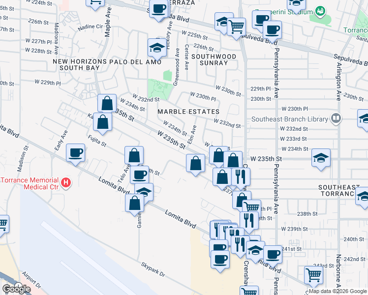 map of restaurants, bars, coffee shops, grocery stores, and more near West 234th Street in Torrance