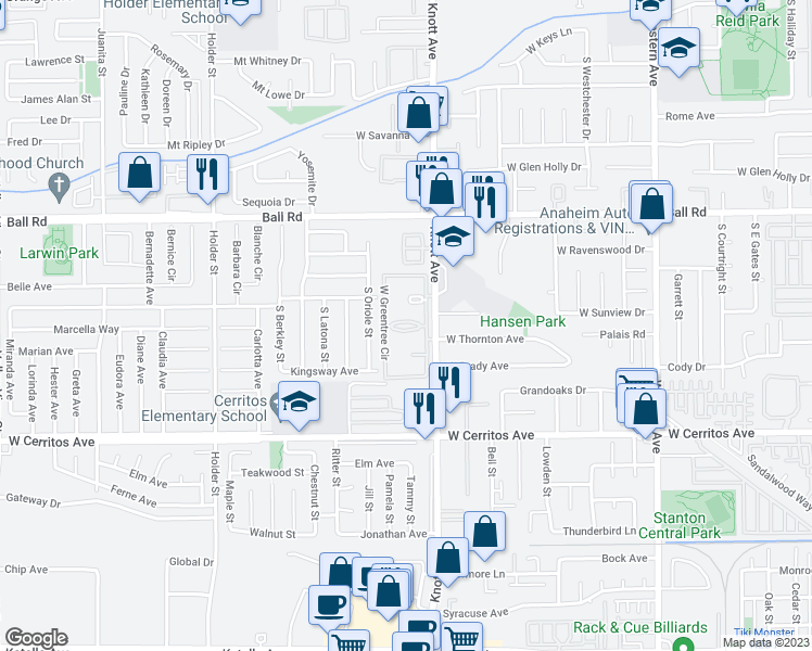 map of restaurants, bars, coffee shops, grocery stores, and more near 3539 West Greentree Circle in Anaheim