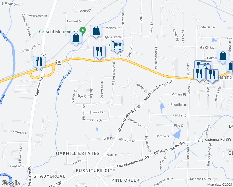 map of restaurants, bars, coffee shops, grocery stores, and more near 1884 Drew Circle in Austell