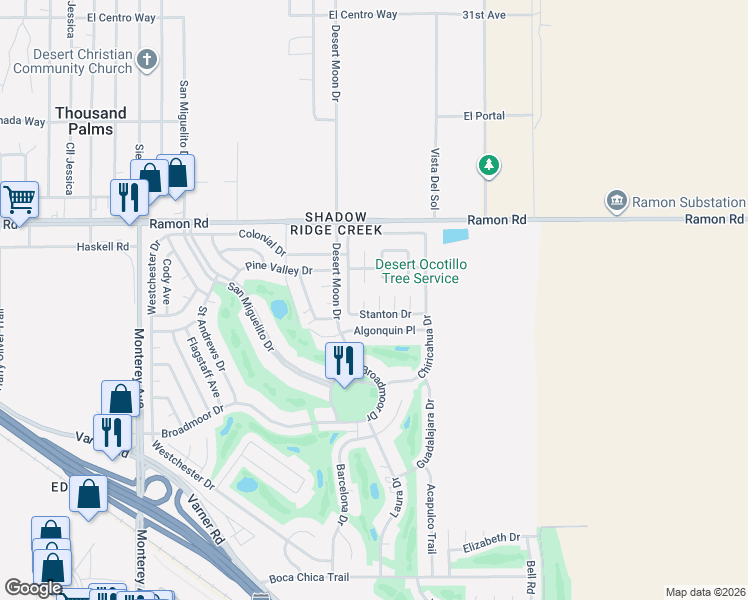 map of restaurants, bars, coffee shops, grocery stores, and more near 32389 Sonoma Circle in Thousand Palms