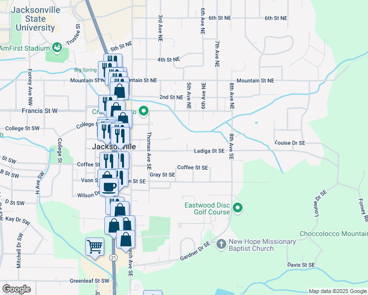 map of restaurants, bars, coffee shops, grocery stores, and more near 426 Ladiga Street Southeast in Jacksonville