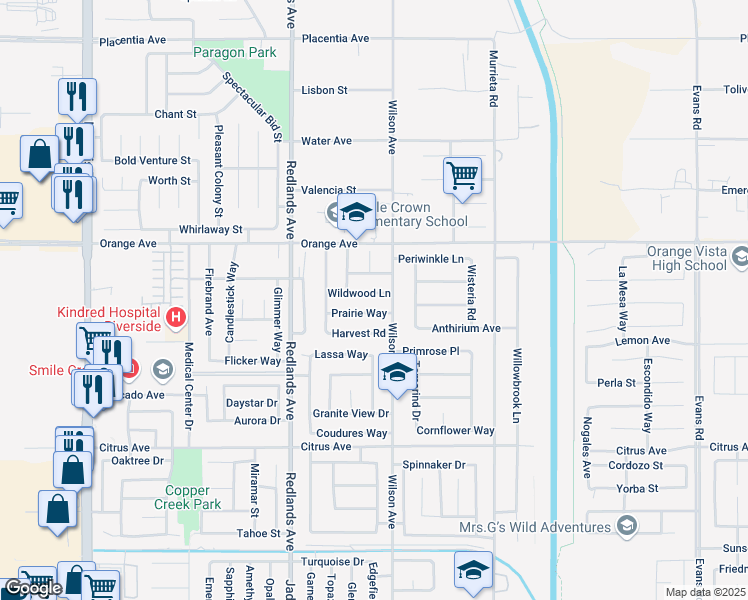 map of restaurants, bars, coffee shops, grocery stores, and more near 565 Wildwood Lane in Perris